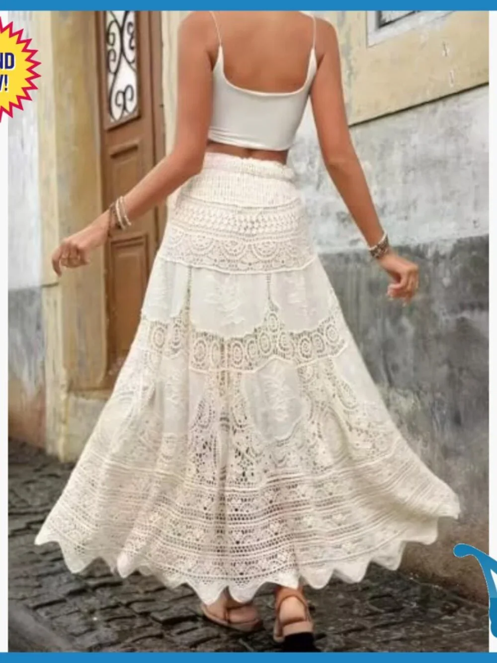 Crochet Maxi Skirt High Waist A-Line Floral Eyelet Lace Beach Cover Up - Picture 4 of 7